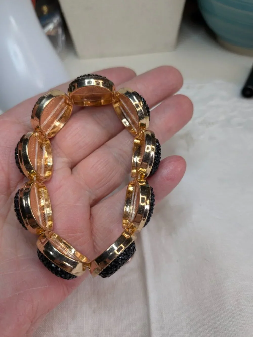 Gold Tone Stretch Bracelet with Black Faux Druzy Accents